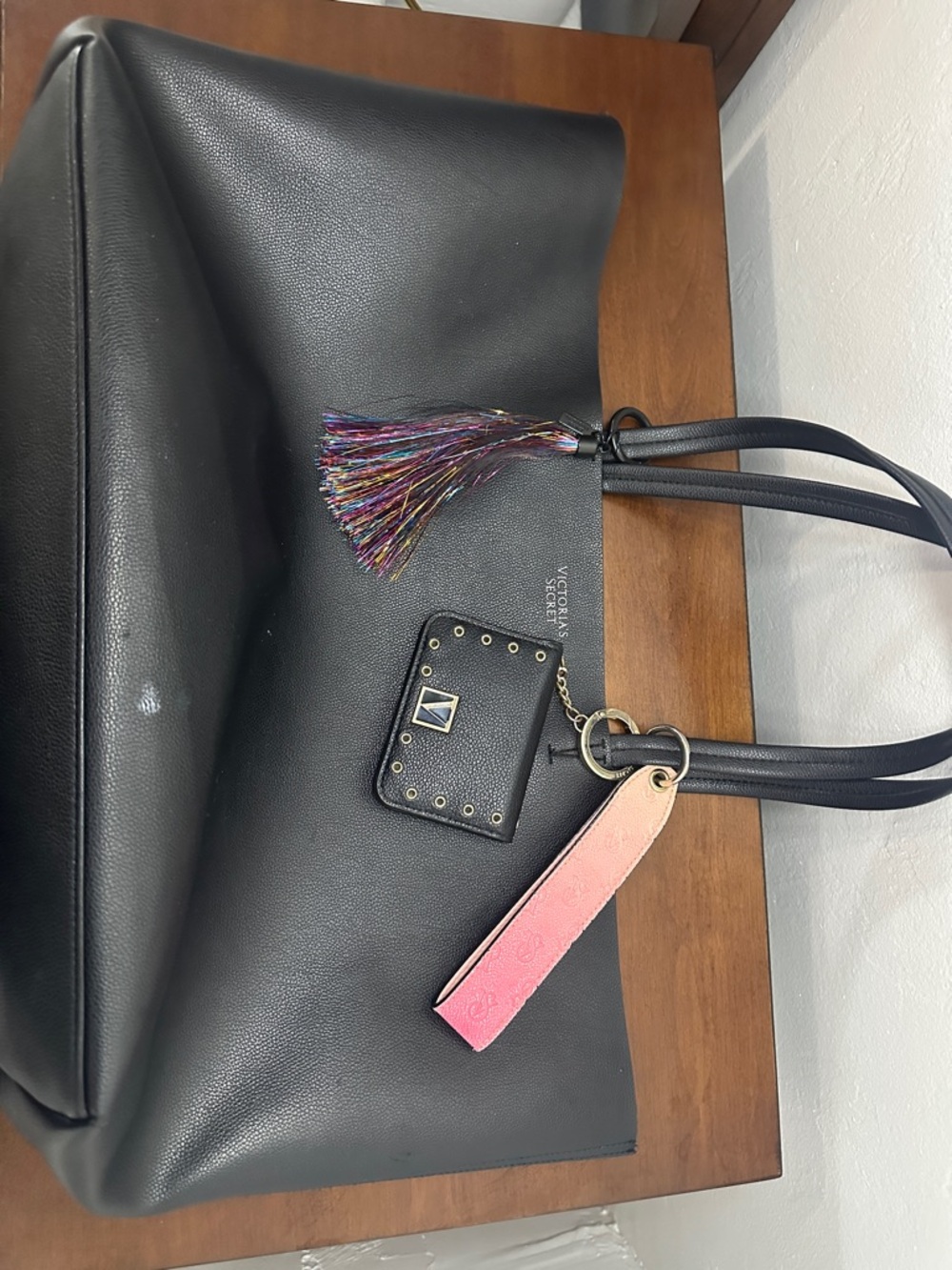 Victoria's Secret Black Large Tote Tassel Bag Charm Designer Purse